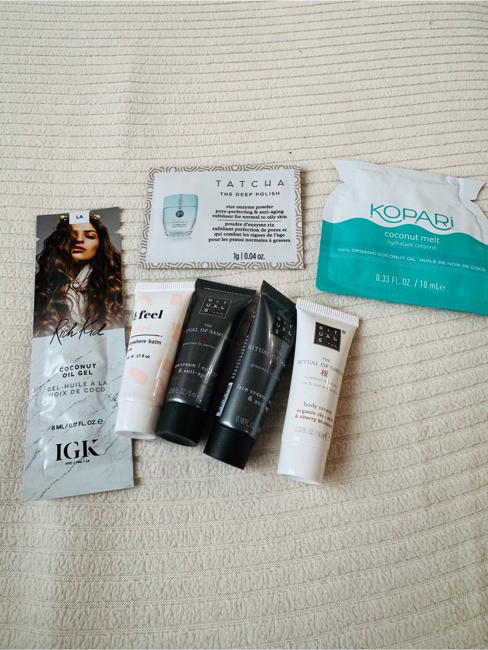 Assorted Sample Beauty Lot with IGK, Tatcha, Rituals & Kopari - hair & makeup